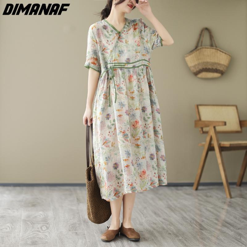 

DIMANAF женское 2023 новое летнее льняное платье с цветочным принтом винтажное длинное платье с поясом свободные модные базовые платья с v-образным вырезом