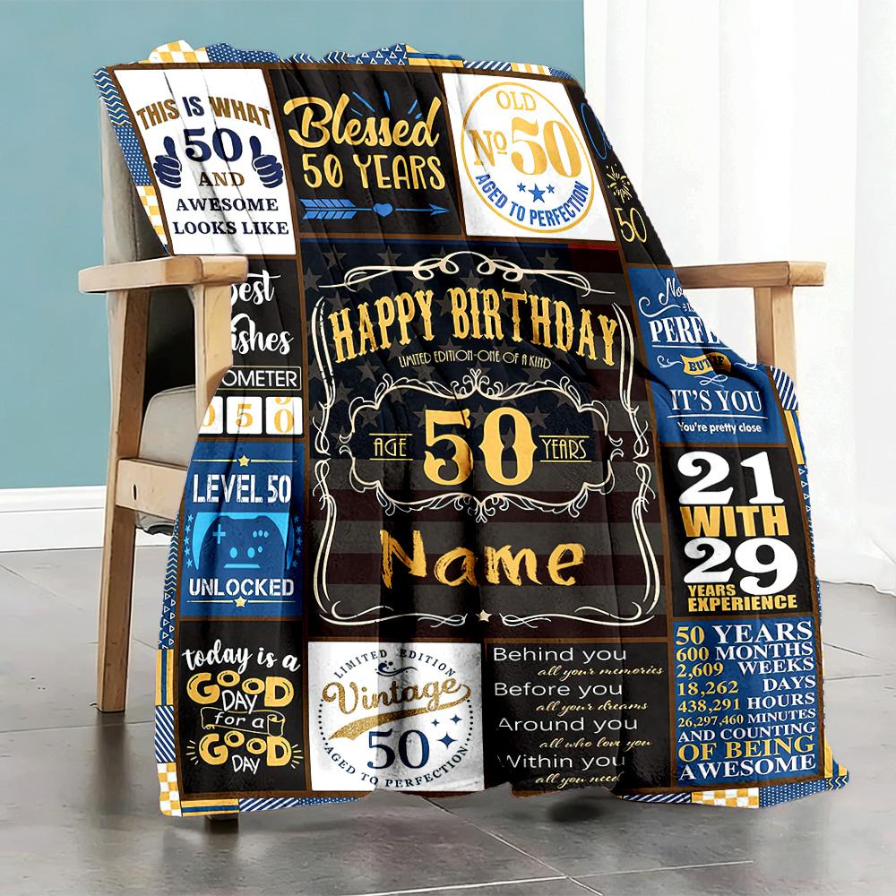 Happy 50th Birthday Blue Personalized Text Blanket Cozy Personalized Blanket Ultra-Soft Perfect for Home Decor Bed Seaside Bedding