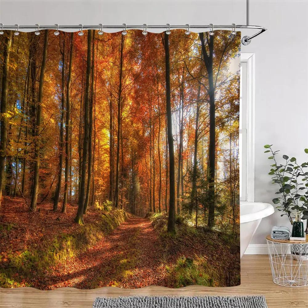 Beautiful Autumn Landscape Shower Curtain Forest Lake Fire Red Golden Leaves Nature Landscape Fabric Bath Curtain Bathroom Decor