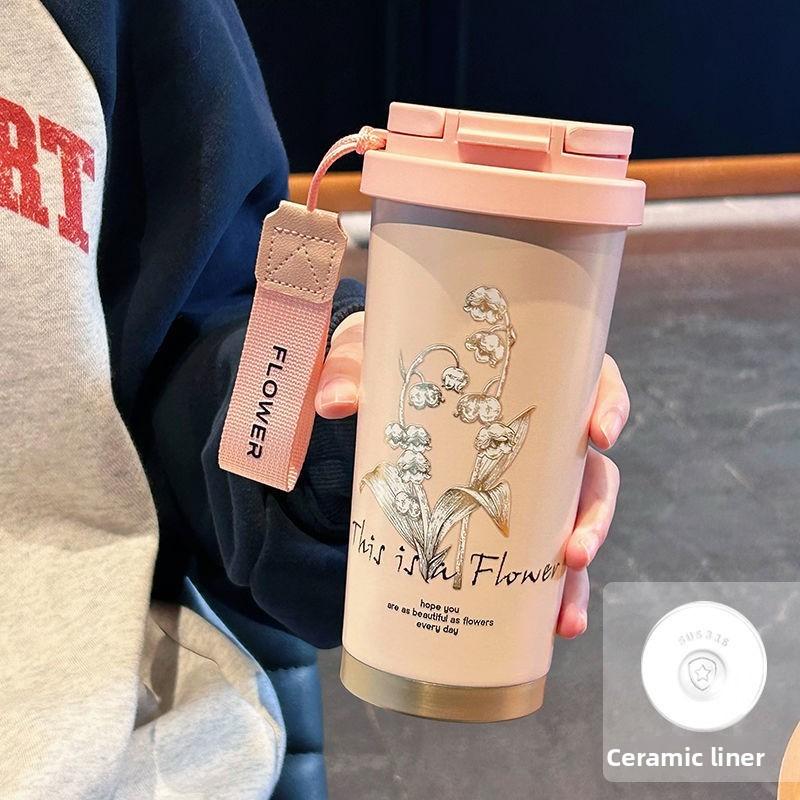 

Ceramic Inner Insulated Travel Mug With Straw For Office Use And Gift Giving Pink Lily Ceramic