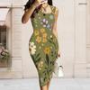 Women Plus Size Olive Green Floral Printed Asymmetric Ring Strap Sleeveless Bodycon Midi Dress