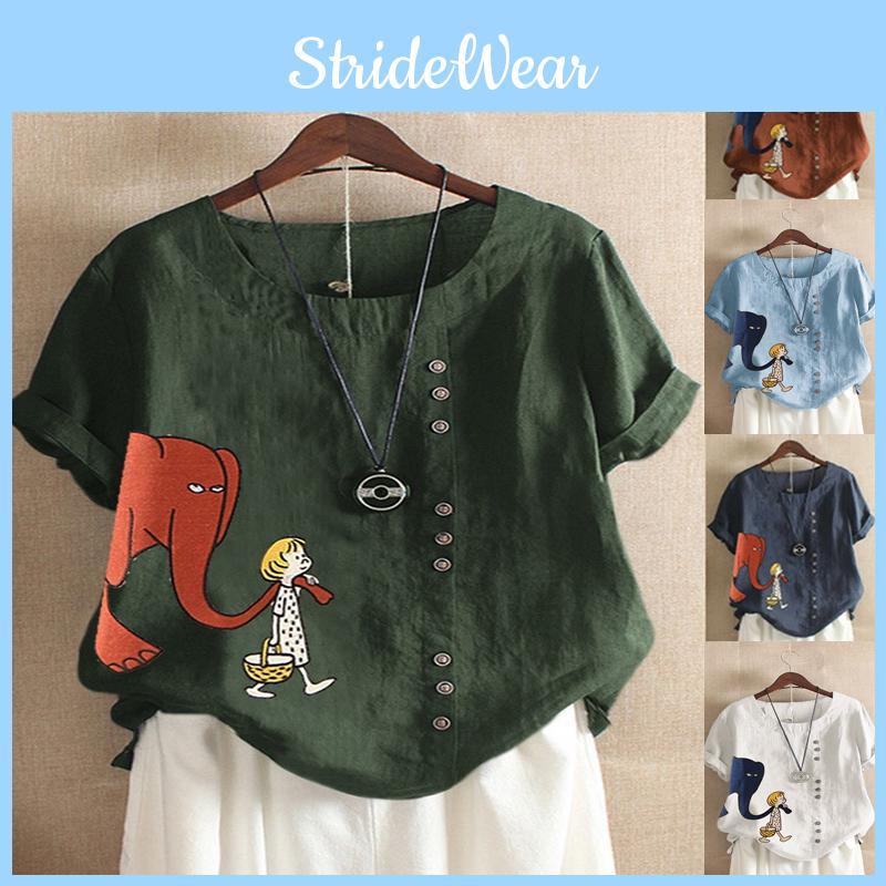 Damen Cartoon Blumen Oberteile Damen Sommer Locker Bluse T-Shirts Übergröße