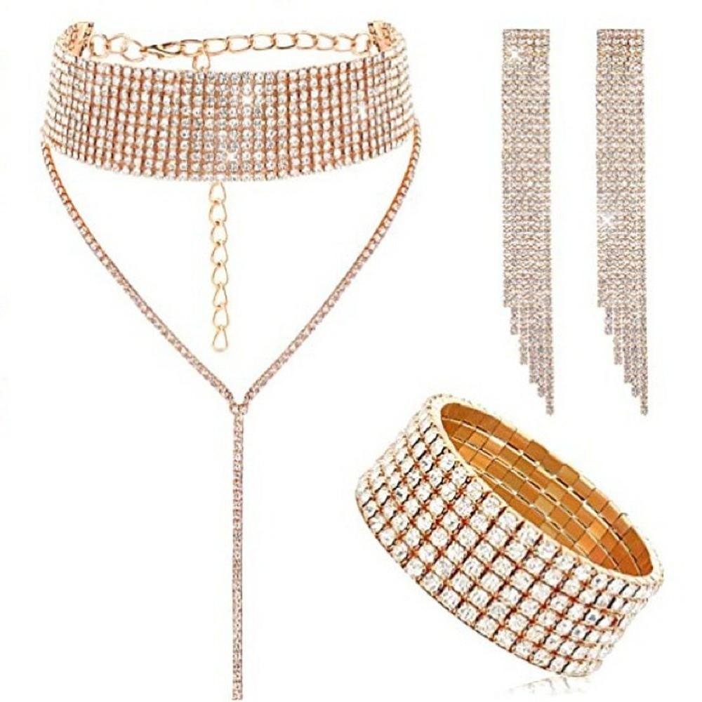 Ensemble Simple Collier Boucles d'Oreilles Bracelet 2/3 pièces Ensemble Collier Incrusté de Strass Fête