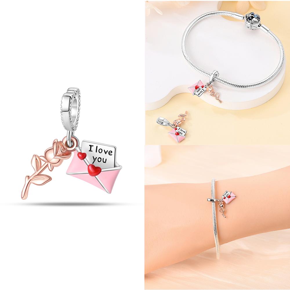 Rose Gold Pink Zircon Love Heart Beads Fit Bracelet Charms Copper Original Jewelry Women Diy Accessories