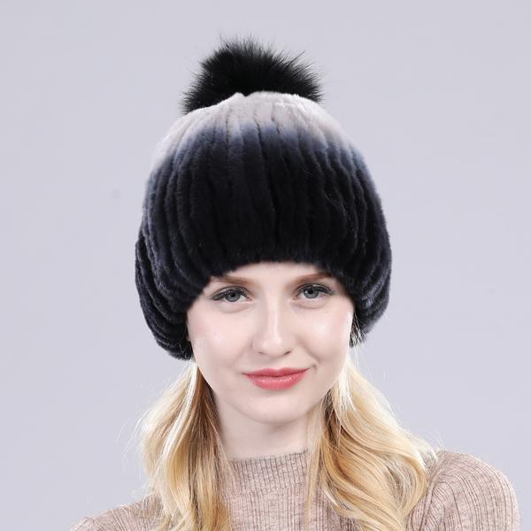 Winter hat Good elasticity women knitted 100% real rex rabbit fur cap with fox fur pompoms Natural rex rabbit fur lady warm hats