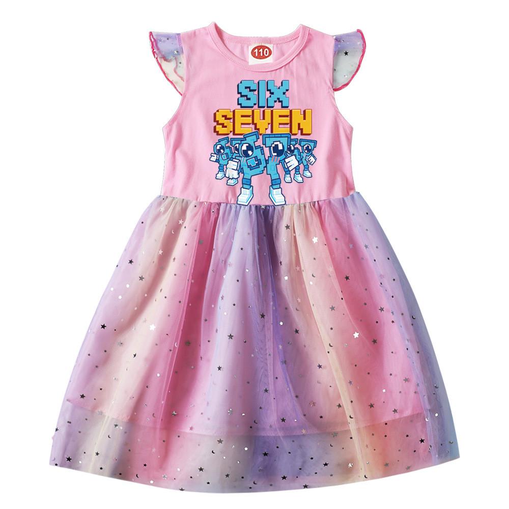 9193 Kids Girls Steal a Brainrot 67 Six Seven Print Ruffle Short Sleeve Sequins Casual Rainbow Dress