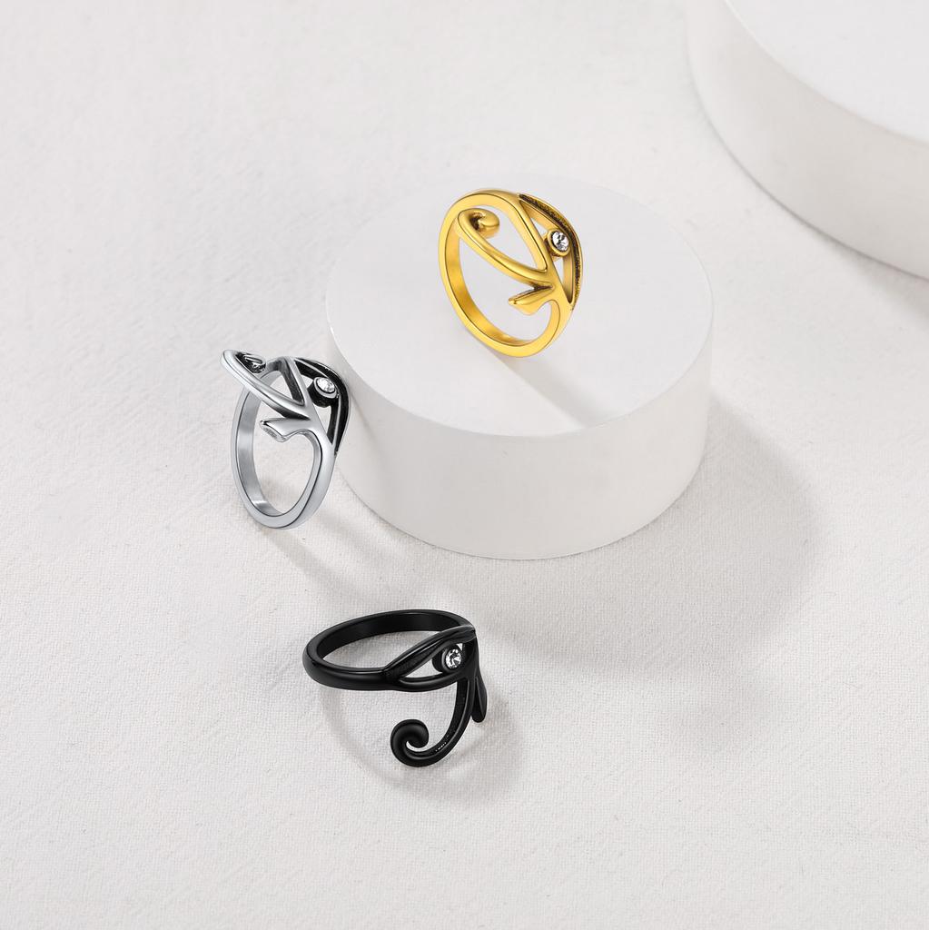 CZ Stainless Steel Eye of Horus Ring Black Gold Color Ancient Egyptian Protection Amulet Jewelry Mens Signet Size 7 To 14