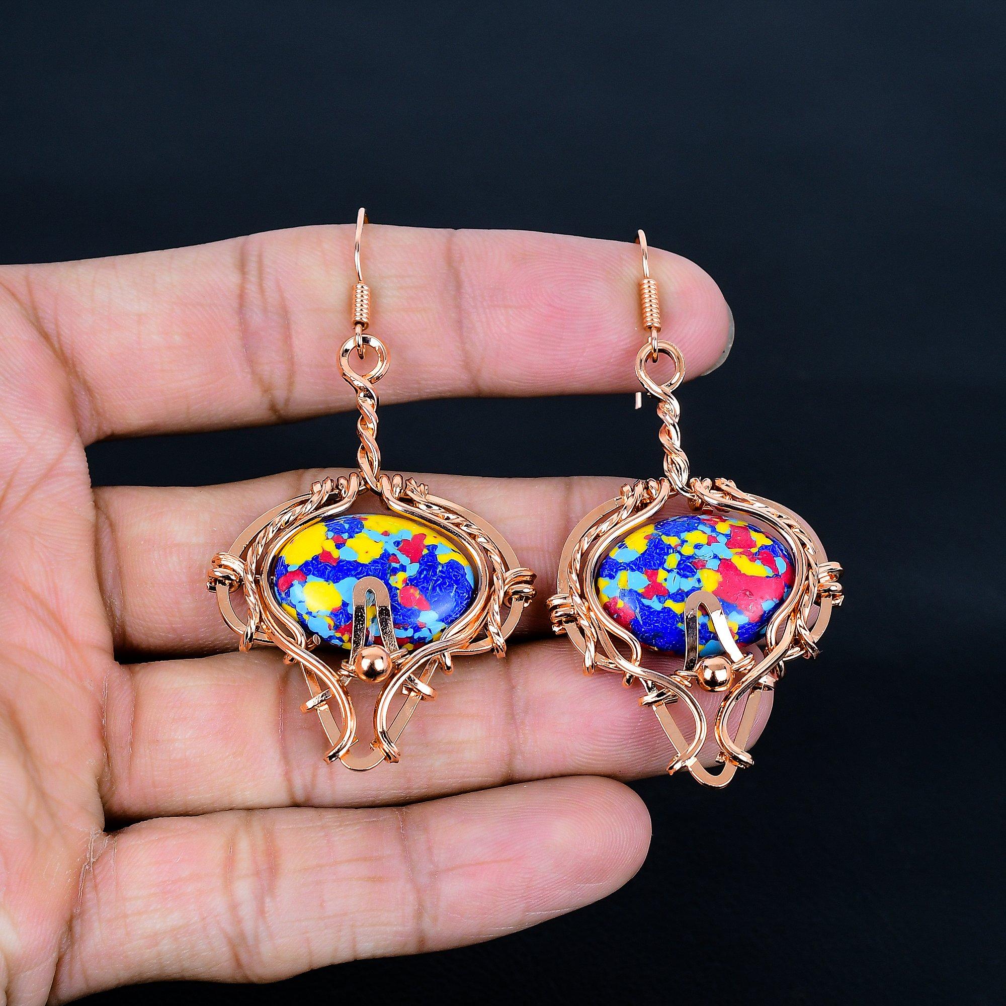 

Mosaic Baloon Jasper Earrings Gemstone Jewelry, 999 Copper Wire Wrapped Earrings, Handmade Beautiful Jewelry Earrings 2.55 Inches