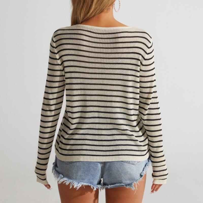 Women's Spring and Autumn Slim Slim Round Neck Long Sleeved Striped Sweater Knit Temperament Top