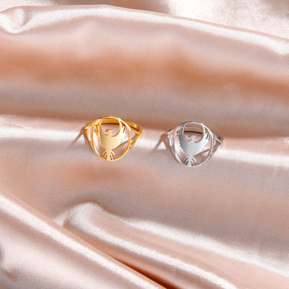 EUEAVAN Stainless Steel Phoenix Fire Bird Ring Guardian Angel Wings Mythology Animal Finger Rings Protection Amulet Jewelry Gift