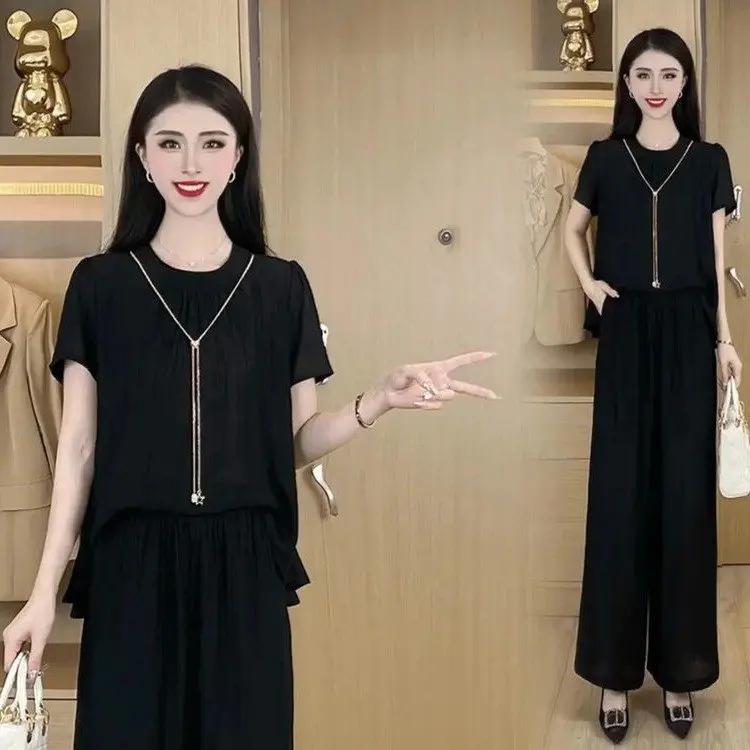 

Летний комплект из 2 предметов, уменьшающий возраст, для женщин среднего и пожилого возраста S чёрный