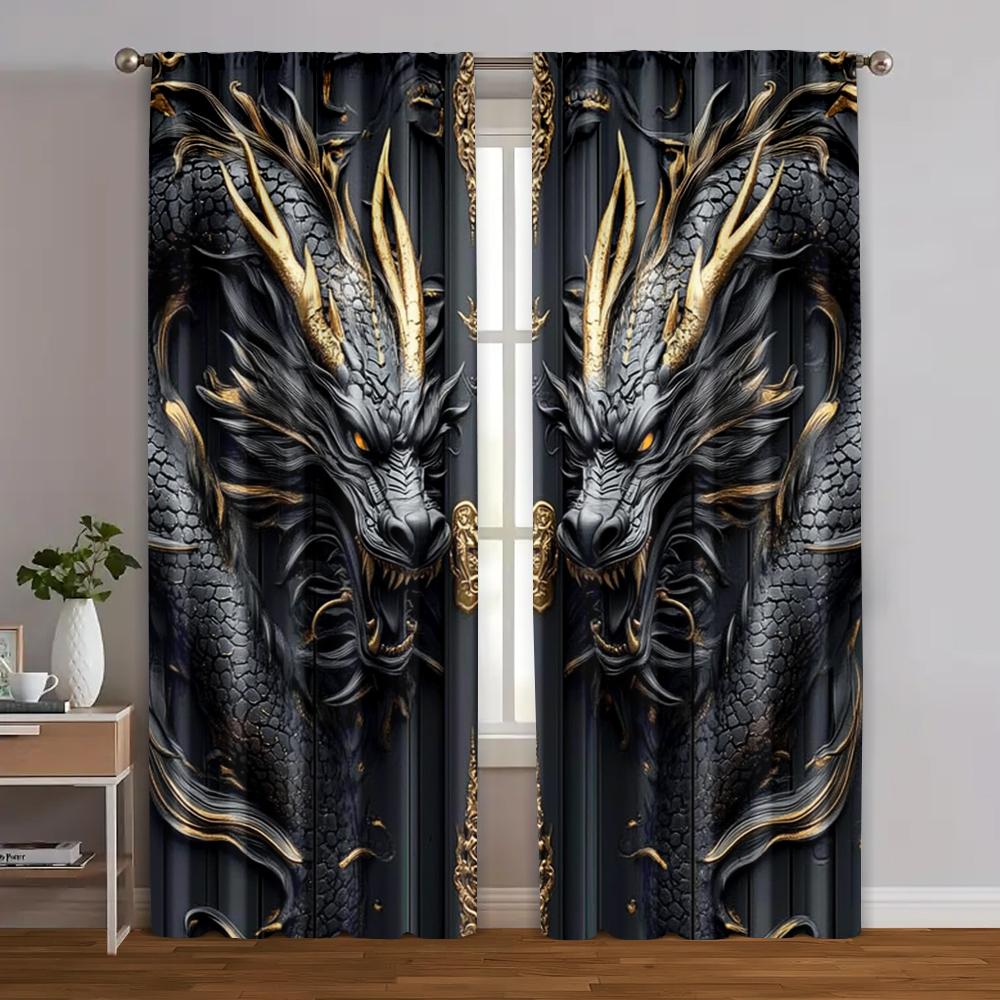 2pcs   Light Filtering Curtains  print Vintage Dragon Totem Black and Golden Versatile Durable Polyester (without rod) Stuff