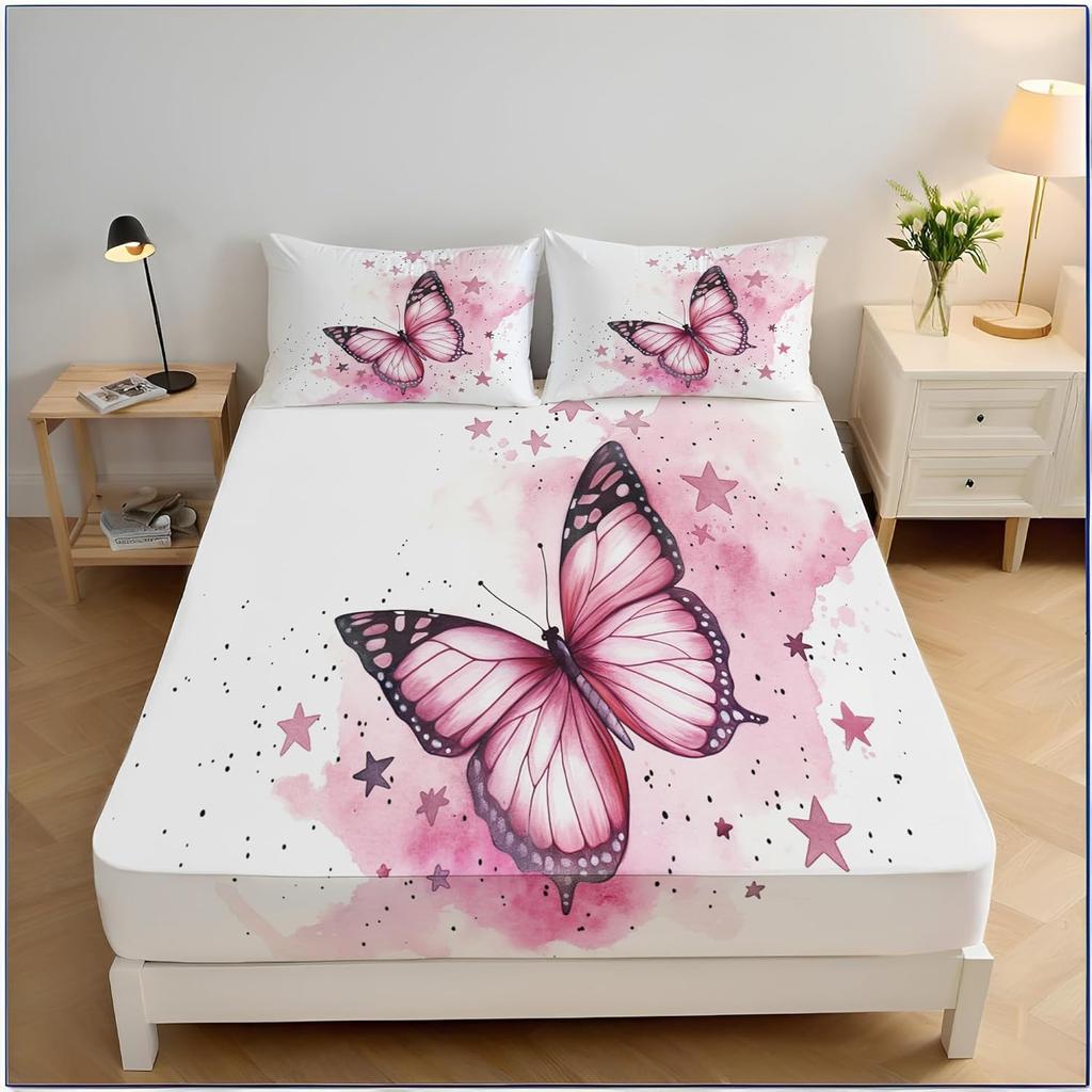3D Butterfly Single Fitted Sheet Blue Printed Bed Sheets 30 cm Deep Fitted Sheets Soft Microfiber Bedding Set with Pillowcase