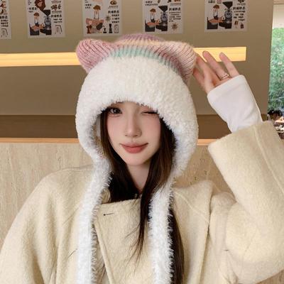 Autumn and Winter Cute Plush Cat Ears Hat Knitted Head Cap Female Students Thickened Warm Lacing Ear Protection Cap