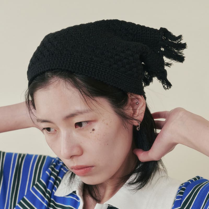 PLZPROJECT KNITTED TASSEL BANDANA,BLACK (handmade)