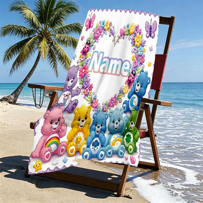 Custom Name Personalized Care Bears Print Beach Towel, for Trip Camping Beach Party Home Decor, Birthday Gift for Family & Friends