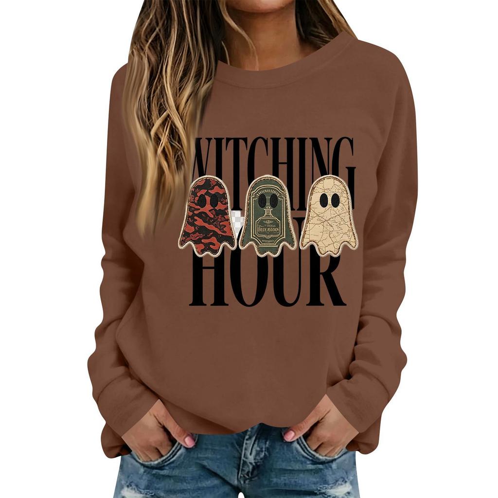 Women's Casual Halloween Print Long Sleeve Crewneck Top for Fall Party and Everyday Wear