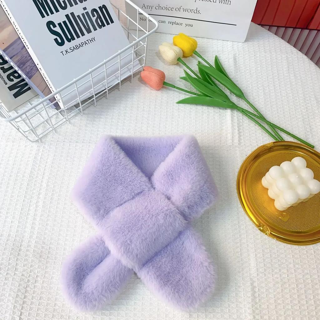 Warm Candy Color Furry Scarf for Toddler Korean Fashion Solid Color Scarf for Young Kids Autumn Winter Outdoor Warm Scarfs