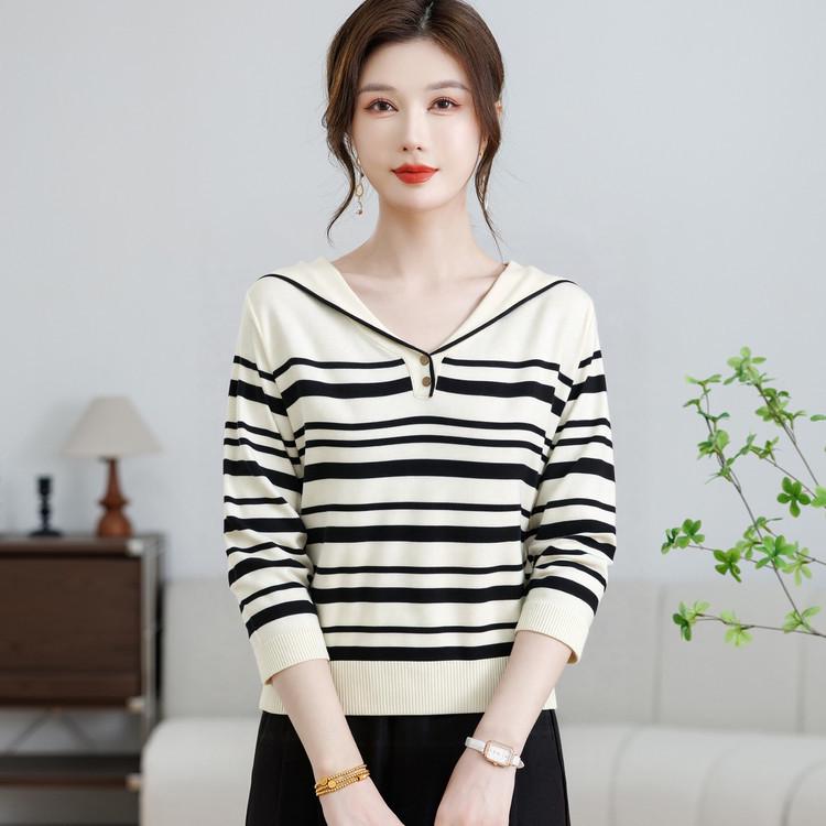 Striped Knit Lapel Pullover for Women - Youthful Korean Style for Moms M абрикосовый