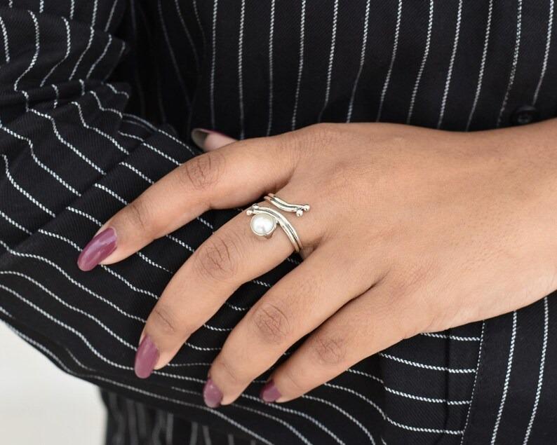 Solid 925 Sterling Silver White Pearl Round Gemstone Birthday Gift Handmade Designer Statement Ring Jewelry