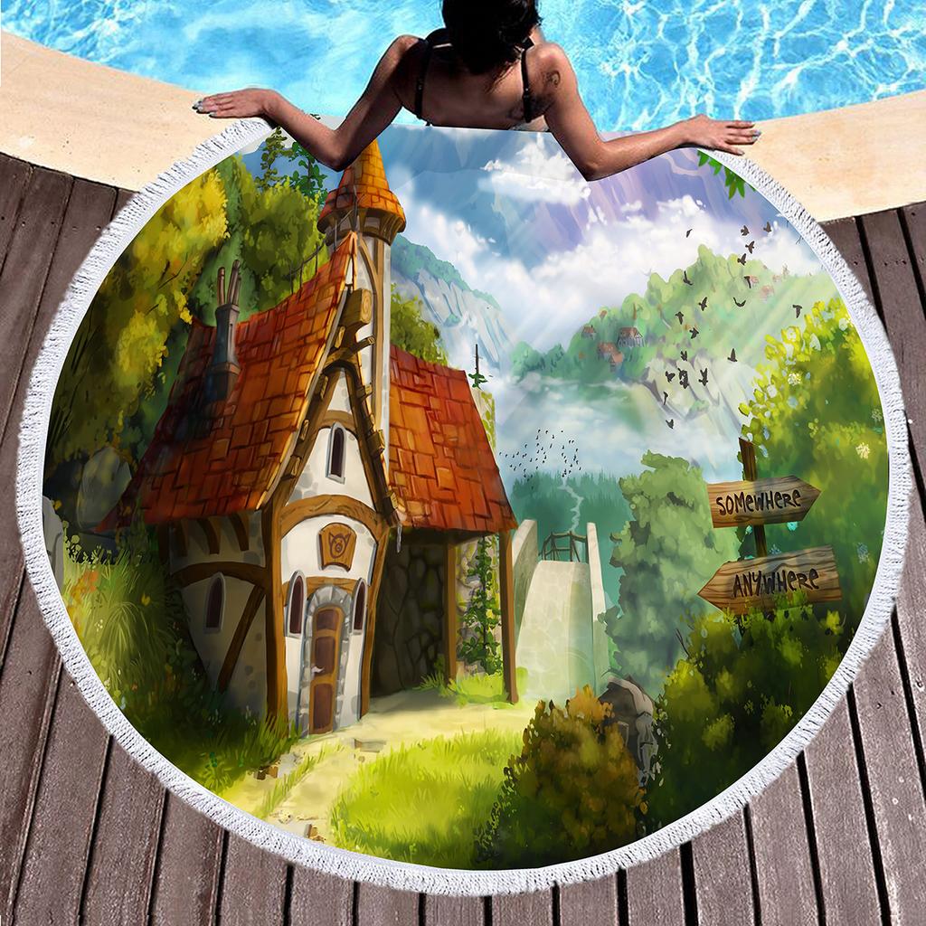 Round Beach Towel,Cartoon Fairy Tale Hedge House Sand Resistant Shawl Beach Blanket,Absorbent Quick Dry Pool Towel Picnic Mat