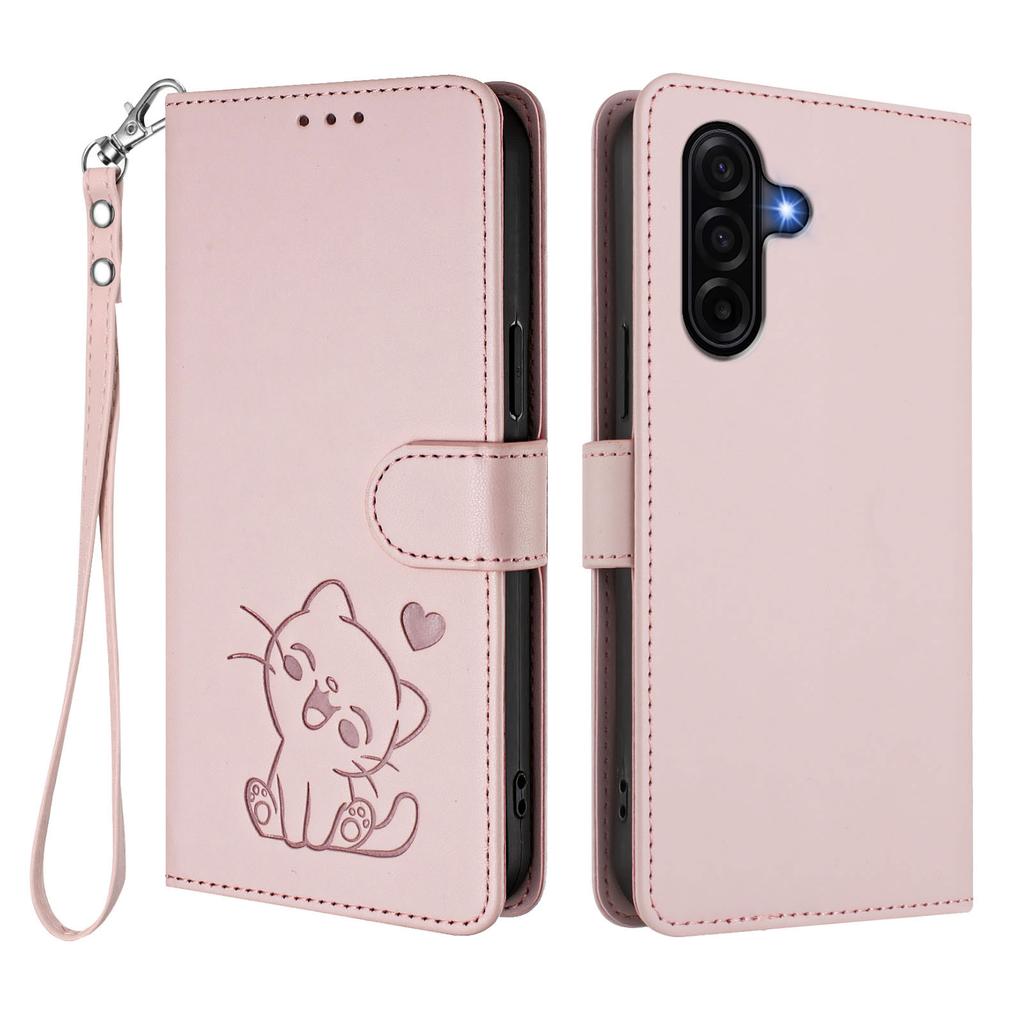 For Samsung Galaxy A57 5G Wallet Case with Wrist Strap Love Cat Pattern Imprint Leather Phone Cover