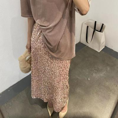 Women Maxi Skirt High Waist Solid Color Design Long Skirt with Sequin Embellishment Leg-shaping Skirt