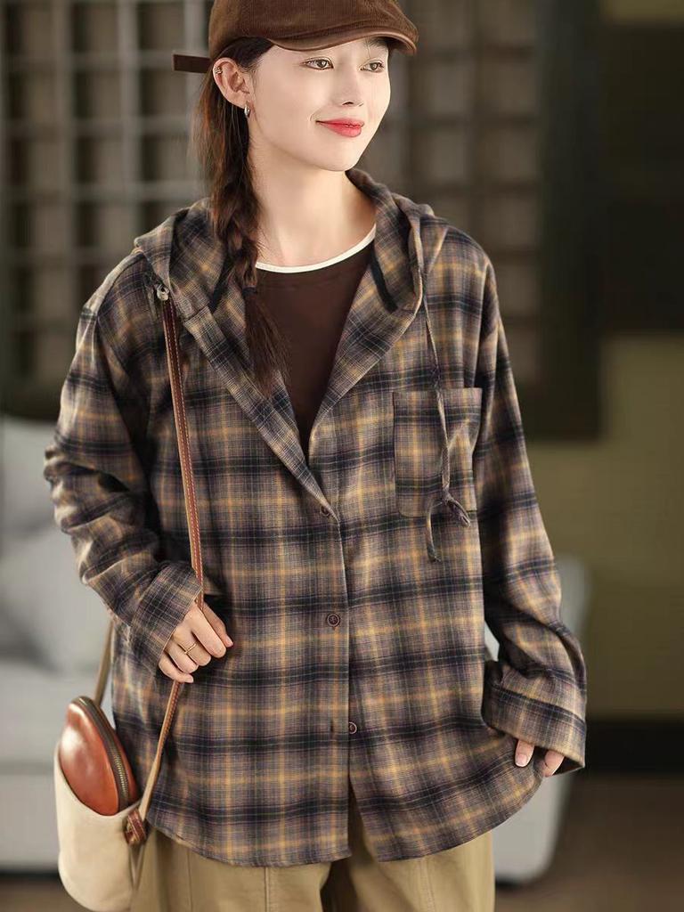 Johnature Women Vintage Plaid Shirts Hooded Autumn Blouses Button Long Sleeve Loose Cotton Soft Female Casual Shirts