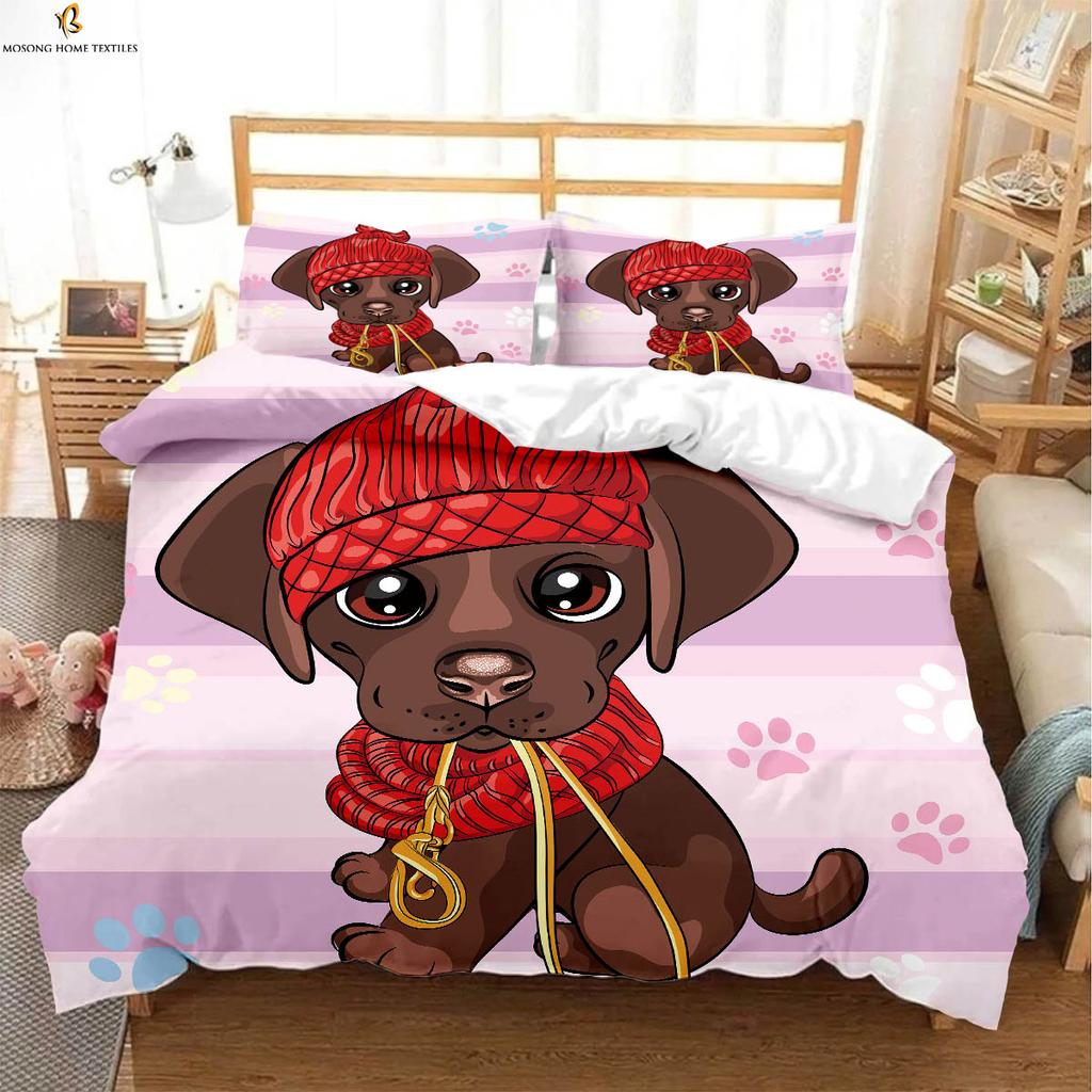 Kinderzimmer Bettwäsche Set Niedlicher Hund Cartoon Druck Bettbezug Kissenbezug Dreiteiliges Set Bequemer Bettbezug Geschenk