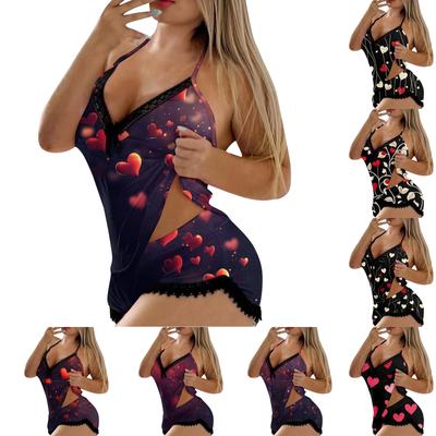 Women's Valentine's Day Printed V-Neck Lace Stitching Sleeveless Vest Shorts Pajama Set