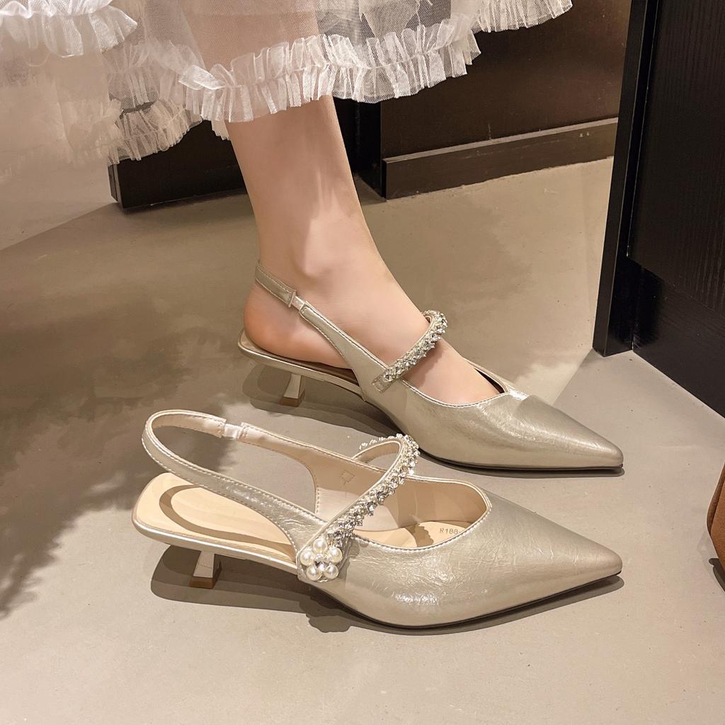 French Rhinestone with Shallow Mouth Thin Heel Bag Head Sandals Women's 2025 Summer Pointed Head Versatile Empty Single Shoes Commuting Versatile