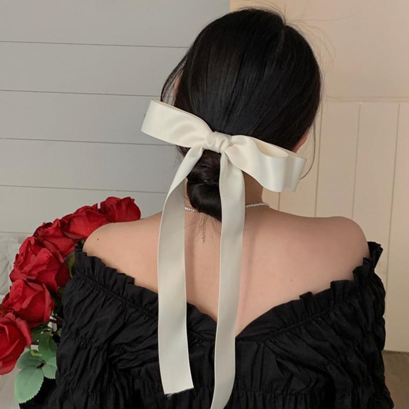 Elegant Bow Ribbon Hair Clip Fashion Simple Solid Satin Spring Clip Hairpin Retro Headband Girls Hair Accessories