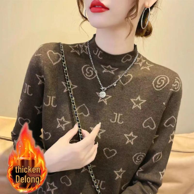Velvet Semi-High Neck Warm Long Sleeve Women's Slimming Top for Autumn/Winter