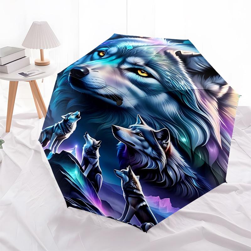 1pc Wolf Pack NightOpen/Close Umbrella-Windproof, Compact Travel Umbrella, Sturdy 8-Rib Shaft, Outdoor Accessory, 1135