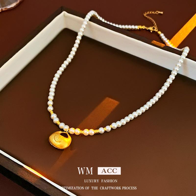 

Pearl Lucky Bag Pendant Necklace Versatile Fashion Collarbone Chain Temperament Personality Necklace 19.1g/47.5cm золотой