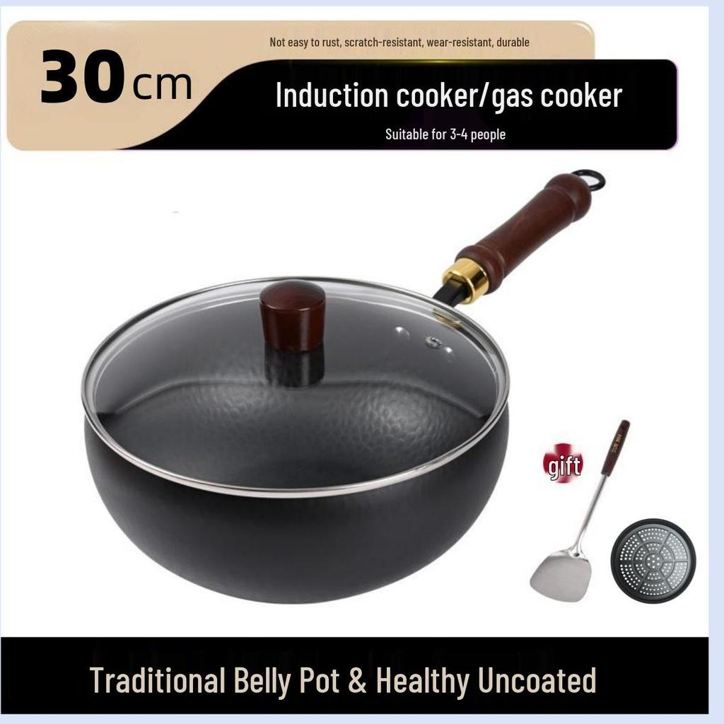 Zhangqiu Handgefertigter Antihaft-Eisen-Wok: 24CM Wok mit großem Bauch zum Pfannenrühren, für Gerichte, zum Schmoren & für Suppe.