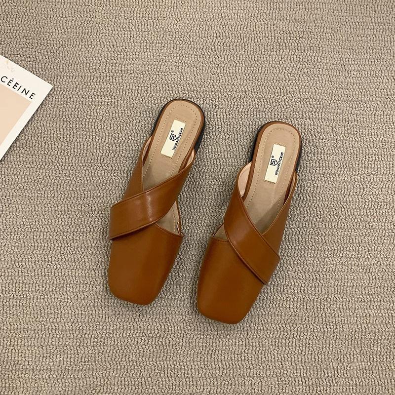 

Niche Design Bag Head Half Slippers Outer Wear Summer One Pedal Muller Lady Flat Cool Slippers 35 коричневый