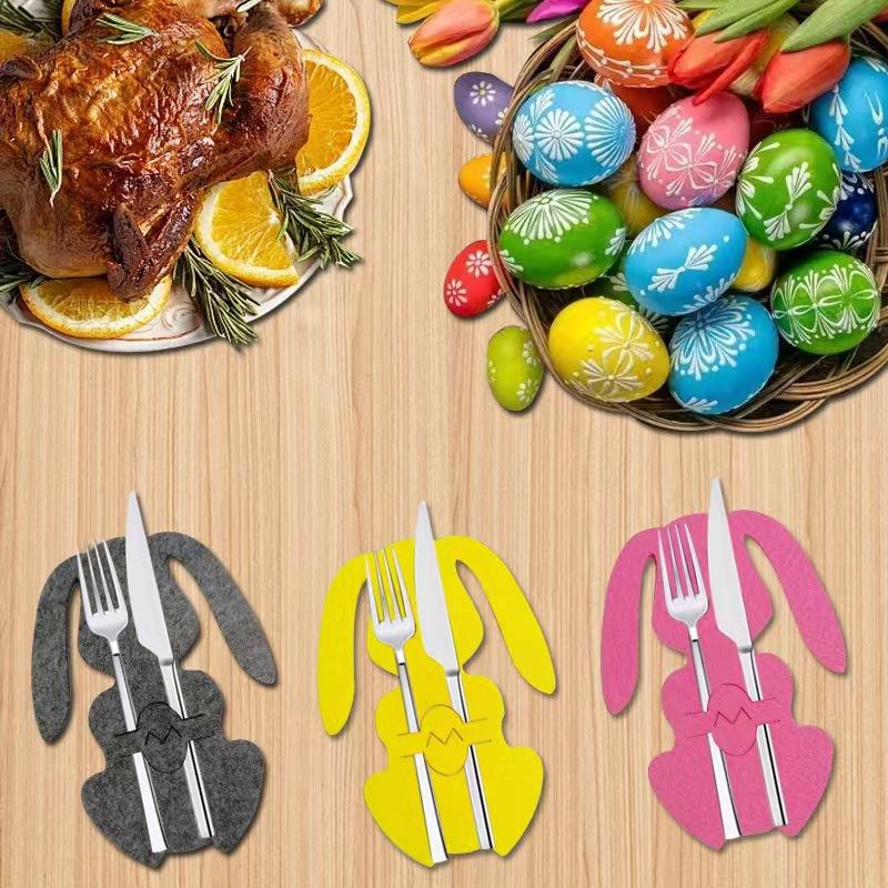 12PCS Rabbit Shaped Cutlery Set, Felt Egg Table Decoration, Easter Knife and Fork Bag, Cutlery Bag, Easter Decoration.