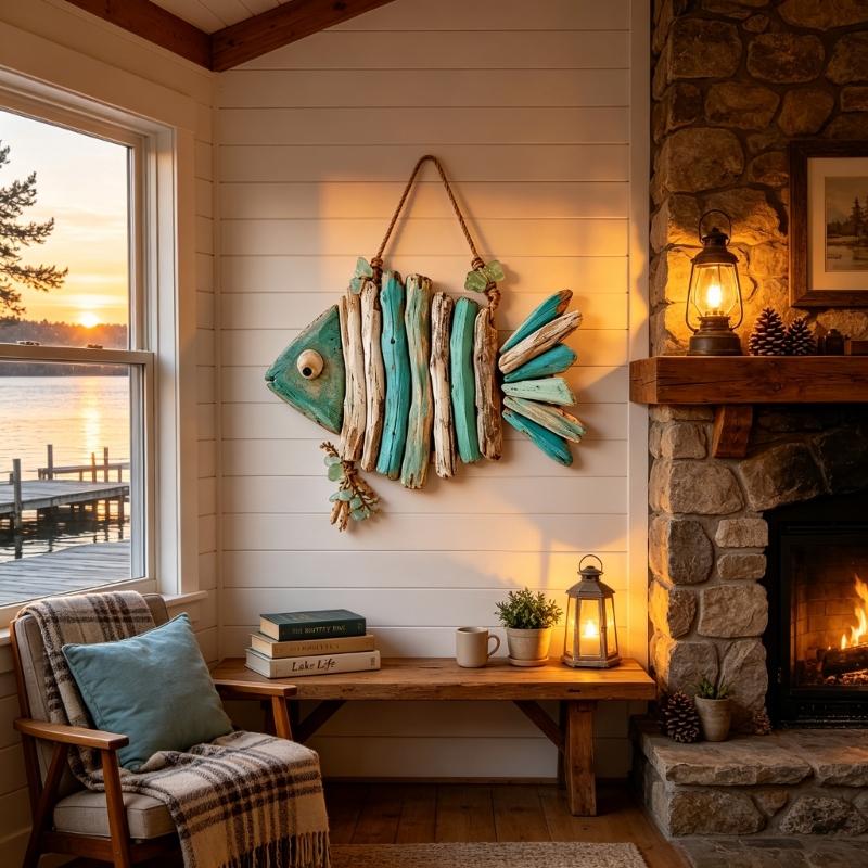 Ocean Wall Hanging Fish Accent, Top Rope Wall Piece for Bathroom Entryway Living Area and Covered Porch Display