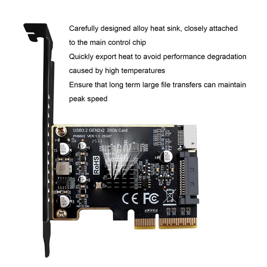 Acogedor PH6602 PCIe To USB 3.2 Gen 2x2 Expansion Card, 20Gbps Type E Key A Front Header Adapter, ASM3242 Chip 15Pin Powered Internal Type C