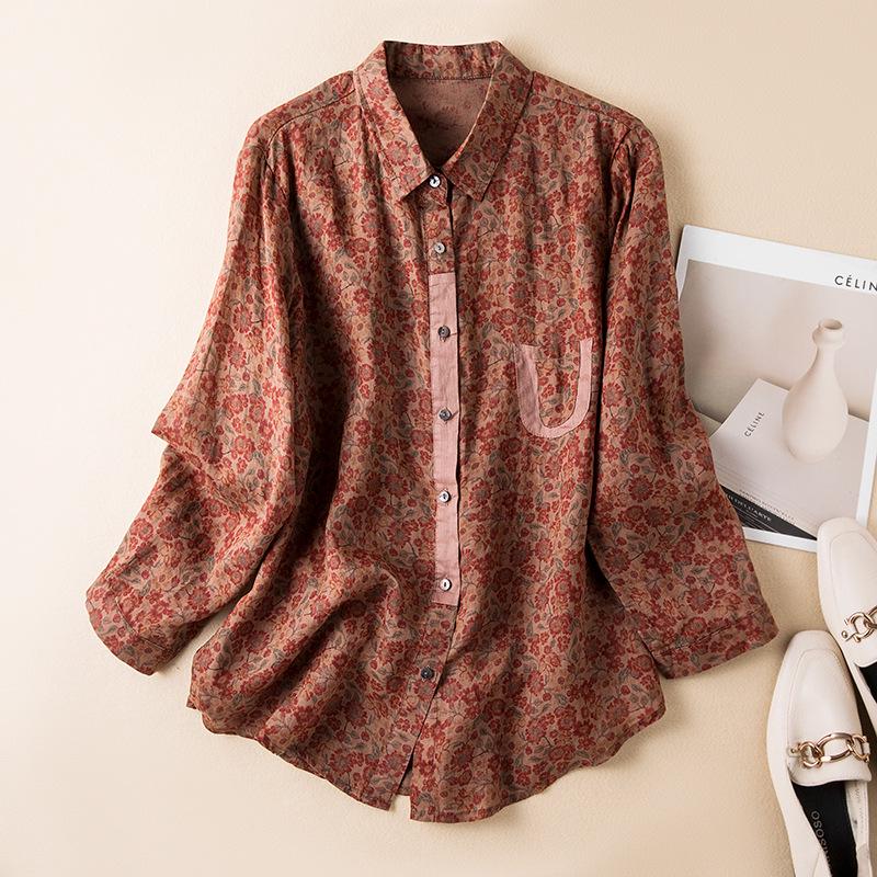 Spring 2026 Floral Linen Lapel Shirt: Retro, Lightweight, Loose-Fit Top for Women Medium