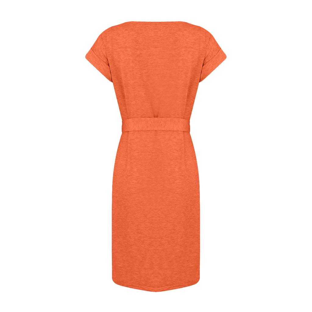 Women's Fashion Summer Color Crewneck Short Sleeve Lace-up Pocket Dress