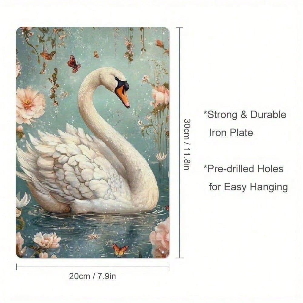 Vintage Swan Metal Tin Sign 8x12, Elegant Floral Wall Art Waterproof Iron Plaque Decor Living Room Bedroom Garden