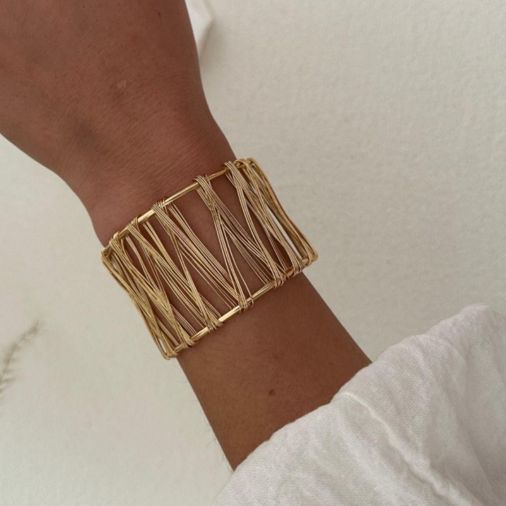 Geometry Metal Wire Drawing Bangle Hollow Out Vintage Bracelet Exaggerated Bracelet  Gift