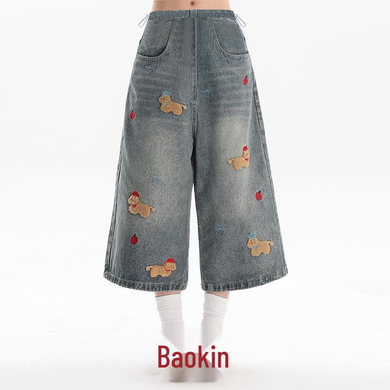 

Maternity Wide-Leg Jeans with Fun Little Dog Embroidery - Washed, Slimming, Casual Three-Quarter Plus Size Pants for Summer Medium синій