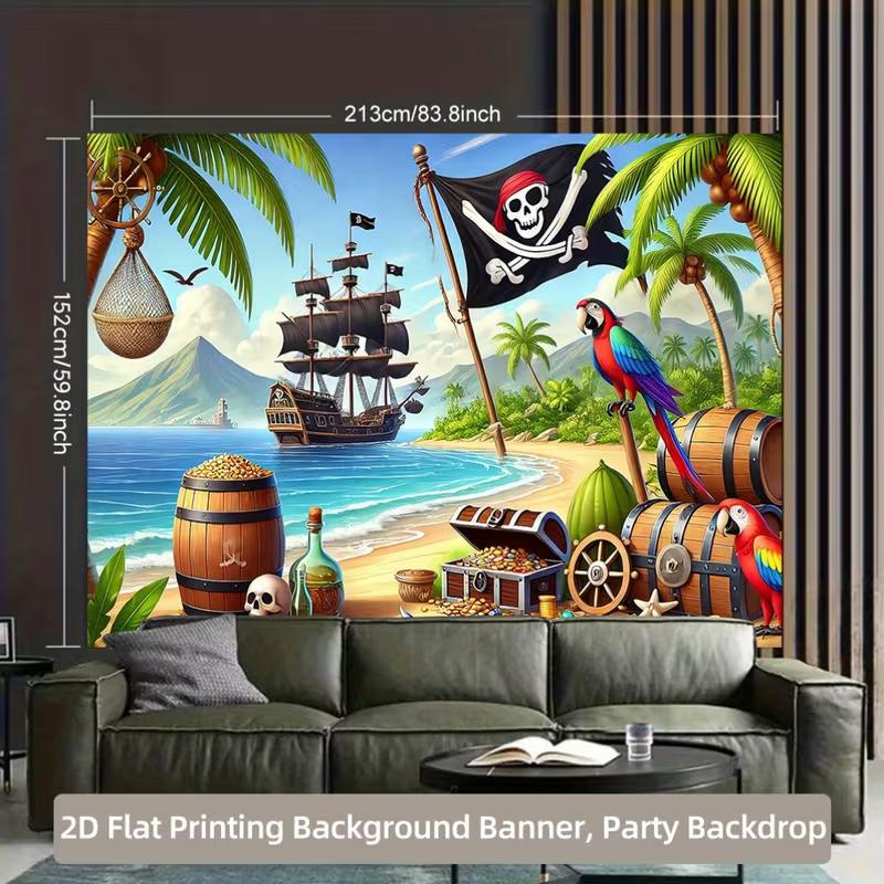 Pirate Treasure Island Tapestry | Tropical Beach Ship & Parrot Decor Background