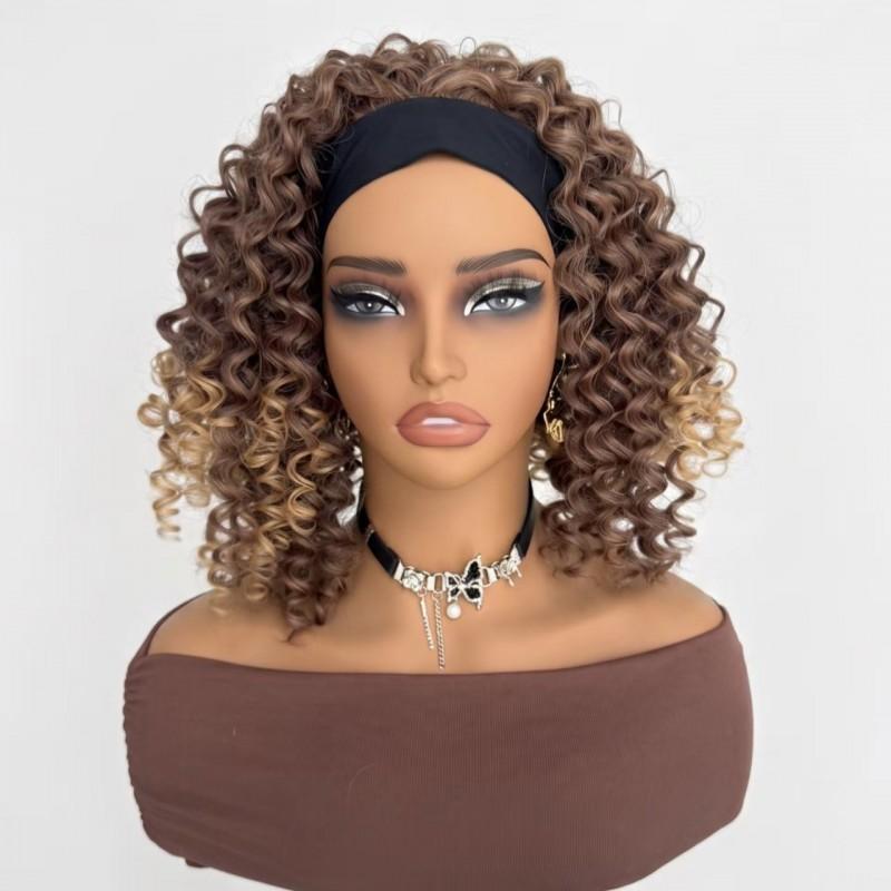 African Womens Short Curly Wig Headband Synthetic H0826A 14inch High Density 210%