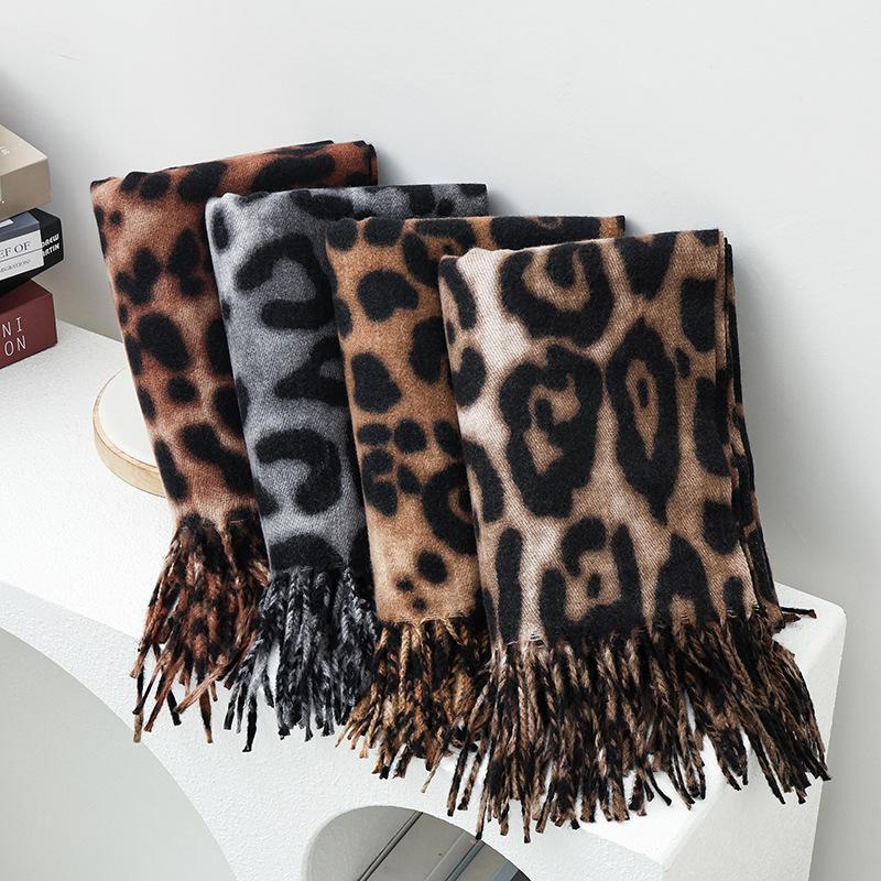Leopard Print Scarf Women's Autumn and Winter Korean New Tassel Printing Scarf Light Luxury High-end Imitation Cashmere Scarf