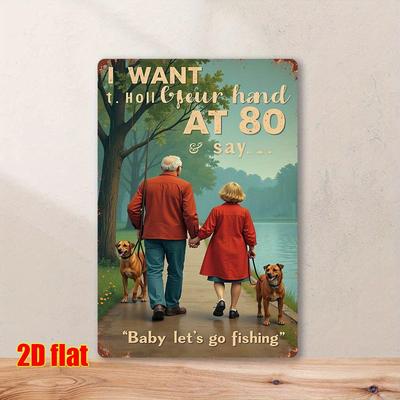 Art Mural Métallique Vintage HandinHand Pêchant Ensemble Rustique Plaque Étain avec Couple Âgé Chiens au Bord du Lac Imperméable