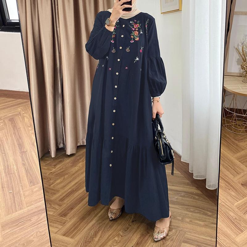 

ZANZEA Женское повседневное платье свободного кроя с длинным рукавом и цветочной вышивкой тёмно-синий